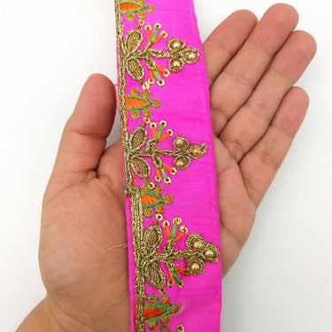 Fuchsia Pink Art Silk Trim In Orange And Gold Embroidery, Approx. 35mm wide, Decorative Trim